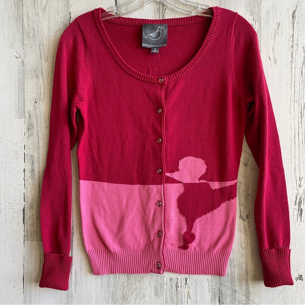 Poodle cardigan sweater Size S pink red clear buttons slight stretch EUC
